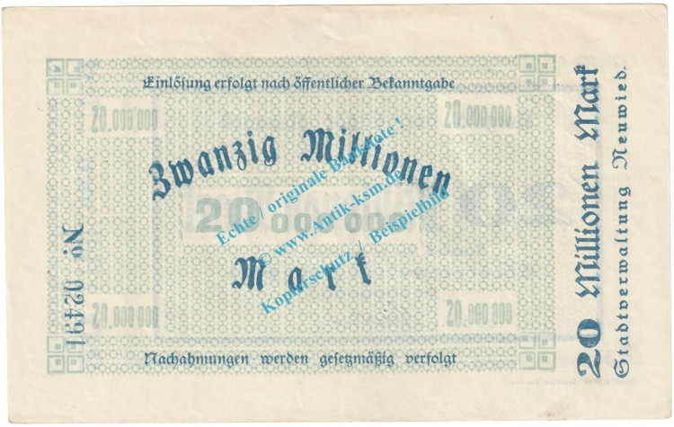 Neuwied , Notgeld 20 Millionen Mark Schein in kfr. Keller 3902.k , Rheinland 1923 Grossnotgeld Inflation