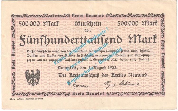 Neuwied , Notgeld 500.000 Mark Schein in f-kfr. Keller 3903.o , Rheinland 1923 Grossnotgeld Inflation