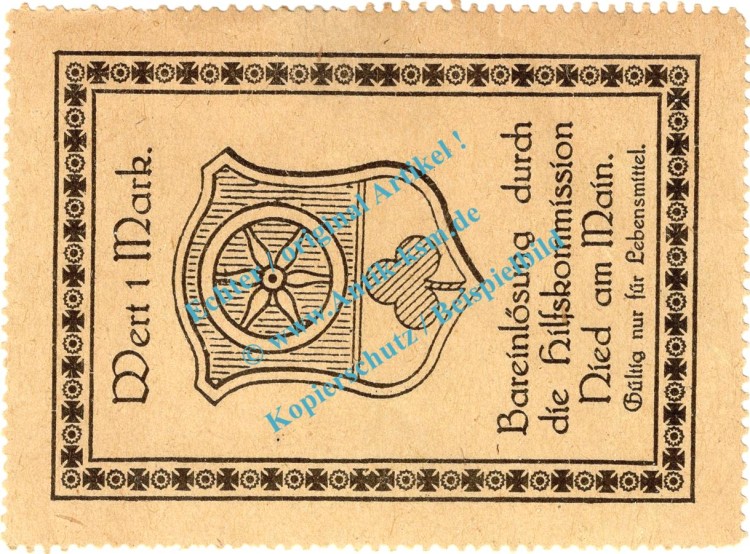 Nied a.M. Notgeld 1 Mark Schein in kfr. Tieste 5035.05.02 , Hessen o.D. Verkehrsausgabe