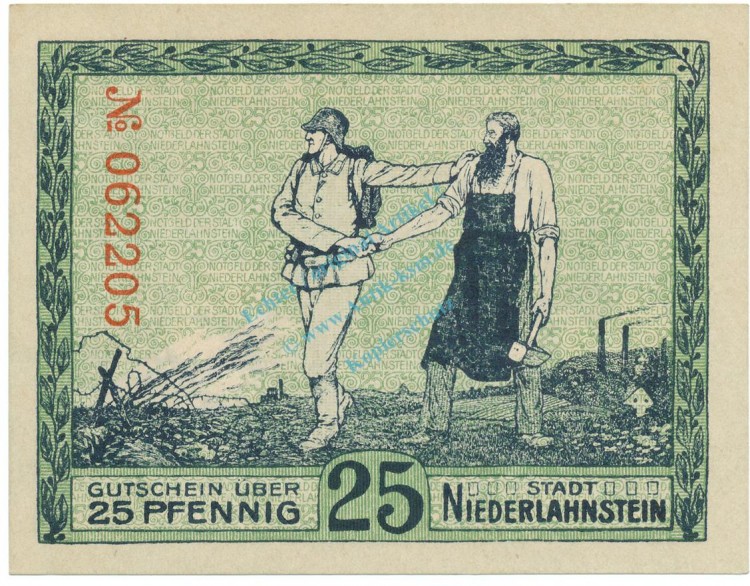 Niederlahnstein , Notgeld 25 Pfennig Schein in kfr. Tieste 5050.05.01 , Hessen 1917 Verkehrsausgabe