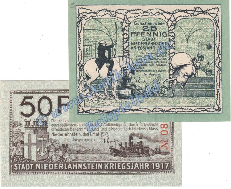 Niederlahnstein , Notgeld Set mit 2 Scheinen in kfr. Tieste 5050.05.01-02 , Hessen 1917 Verkehrsausgabe  Niederlahnstein , Notgeld Set mit 2 Scheinen in kfr. Tieste 5050.05.01-02 , Hessen 1917 Verkehrsausgabe