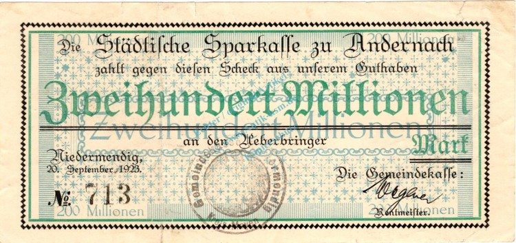 Niedermendig , Banknote 200 Millionen Mark Schein in gbr Keller 3924.c , Rheinland 1923 Inflation