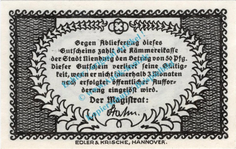 Nienburg , Notgeld 50 Pfennig Schein in kfr. Tieste 5105.05.11 , Niedersachsen o.D. Verkehrsausgabe