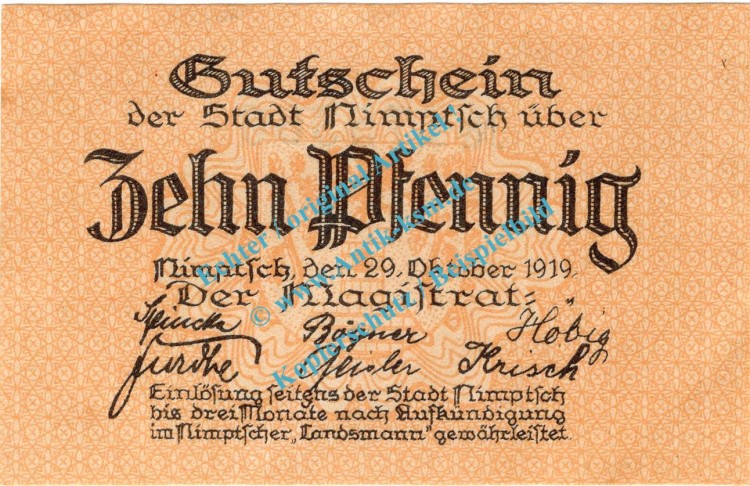 Nimptsch , Notgeld 10 Pfennig Schein in kfr. Tieste 5135.10.06 , Schlesien 1919 Verkehrsausgabe