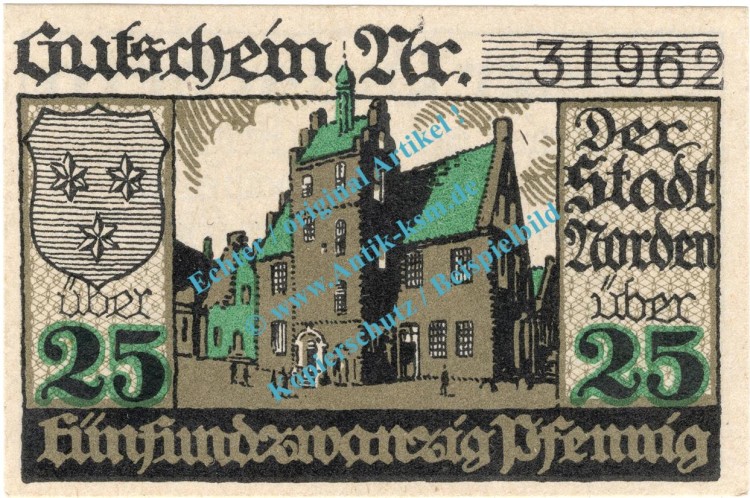 Norden , Notgeld 25 Pfennig Schein in kfr. Tieste 5150.05.65 , Niedersachsen 1919 Verkehrsausgabe