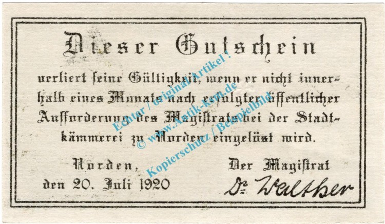 Norden , Notgeld 25 Pfennig Schein in kfr. Tieste 5150.05.80 , Niedersachsen 1920 Verkehrsausgabe