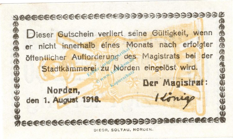 Norden , Notgeld 50 Pfennig Schein unc-kfr. Ti.5150.05.15 , Niedersachsen 1918 Verkehrsausgabe