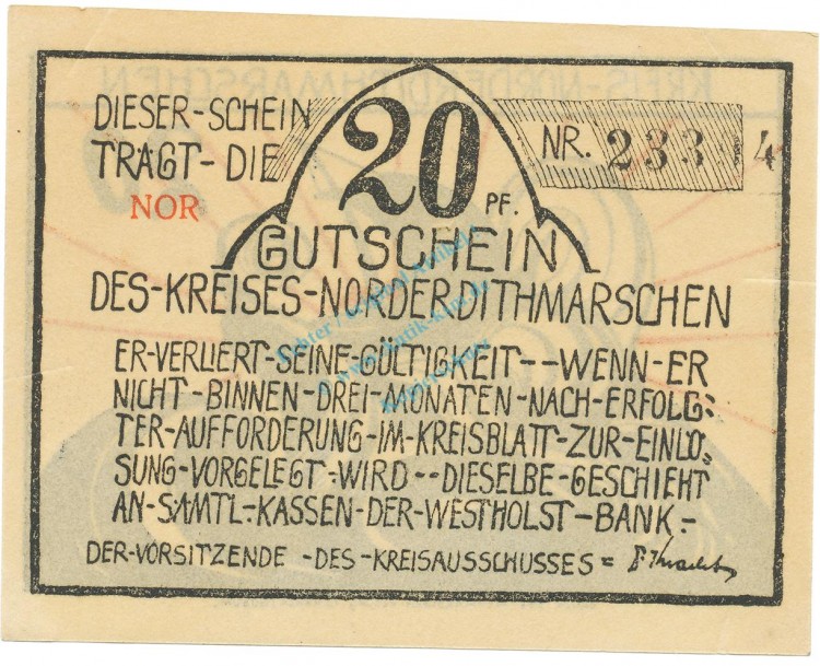 Norder-Dithmarschen , Notgeld 20 Pfennig -NOR- unc-kfr. M-G 983.4 , SH o.D. Seriennotgeld -5705-
