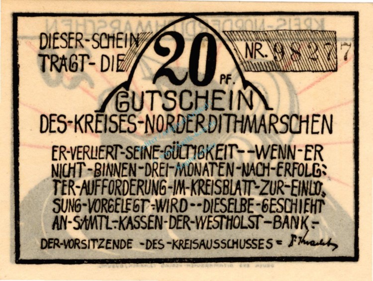 Norderdithmarschen , Notgeld 20 Pfennig -OHNE Zudruck- unc-kfr. M-G 983.1 , Schleswig Holstein o.D. Seriennotgeld