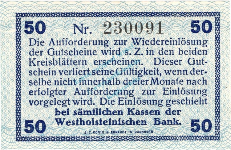 Norder Süderdithmarschen , Notgeld 50 Pfennig Schein unc-kfr. Ti.5160.05.11 , Schleswig Holstein o.D. Verkehrsausgabe