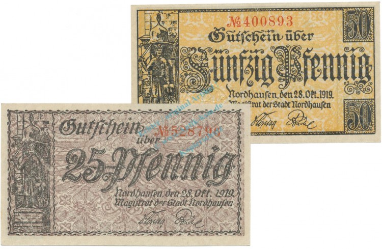 Nordhausen , Notgeld Set 2 Scheine unc-kfr. Ti.5175.05.35-36 , TH 1919 Verkehrsausgabe -4175-