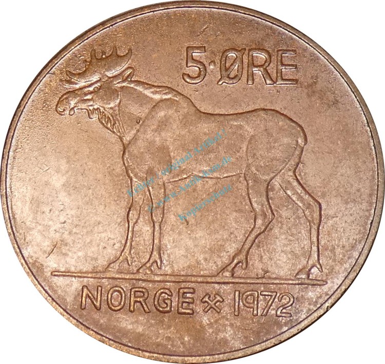 Norwegen , 5 Öre Münze 1972 -unter Olav V- KM.405 vz. -0256-