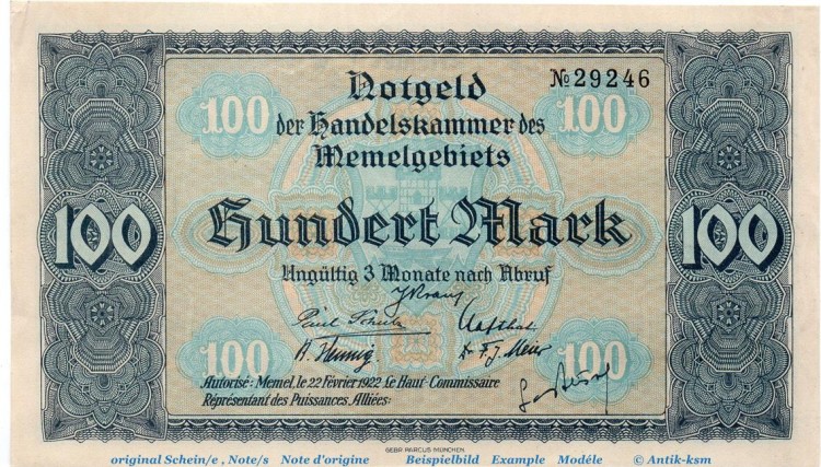 Memel , Notgeld 100 Mark Schein in kfr. MEM-9 , Ros.854 , P.9 , vom 22.02.1922 