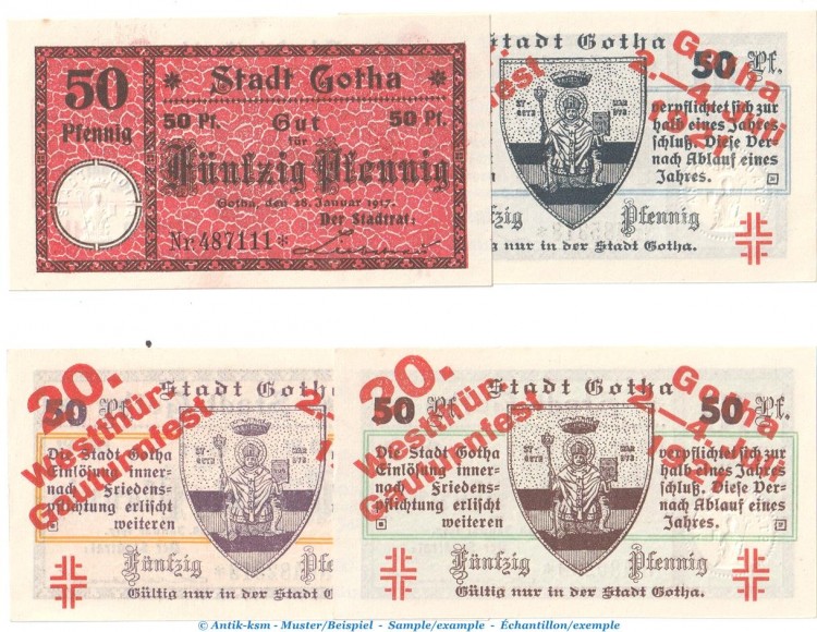 Notgeld 20. Gauturnfest Gotha 456.5 , Set -orange- mit 4 Scheinen in kfr. von 1917 , Thüringen Seriennotgeld