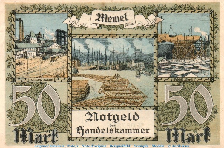 Notgeld , 50 Mark Schein in f-kfr. Memel , MEM-7 , Rosenberg 852 , P 7 , vom 22.02.1922 , deutsche Nebengebiete
