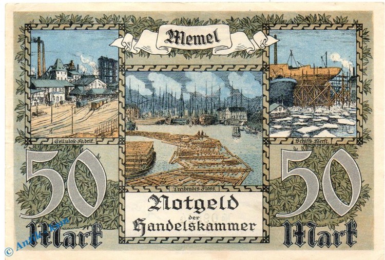 Notgeld , 50 Mark Schein in kfr. Memel , MEM-7 , Rosenberg 852 , P 7 , vom 22.02.1922 , deutsche Nebengebiete