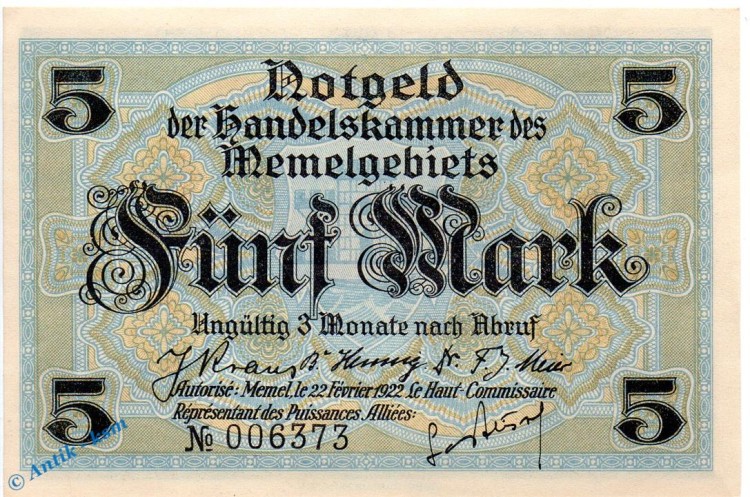 Notgeld , 5 Mark Schein in kfr. Memel , MEM-4 a , Rosenberg 849 , P 4 , vom 22.02.1922 , deutsche Nebengebiete