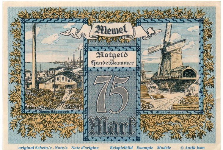 Notgeld , 75 Mark Schein in kfr. Memel , MEM-8 , Rosenberg 853 , P 8 , vom 22.02.1922 , deutsche Nebengebiete