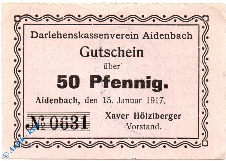 Notgeld Aidenbach , 50 Pfennig Schein , Tieste 0025.05.51 , 1917 , Bayern Verkehrsausgabe