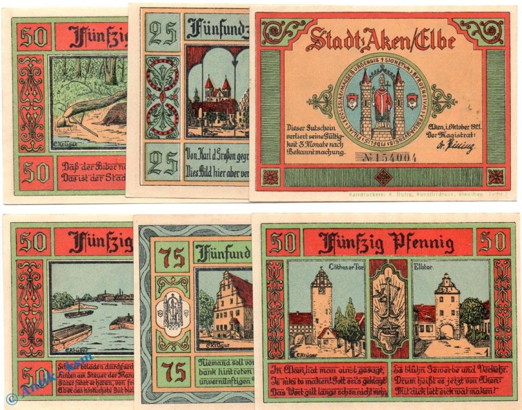 Notgeld Aken , Set mit 6 Scheinen in kfr. Mehl Grabowski 8.3.b , von 1921 , Sachsen Anhalt Seriennotgeld