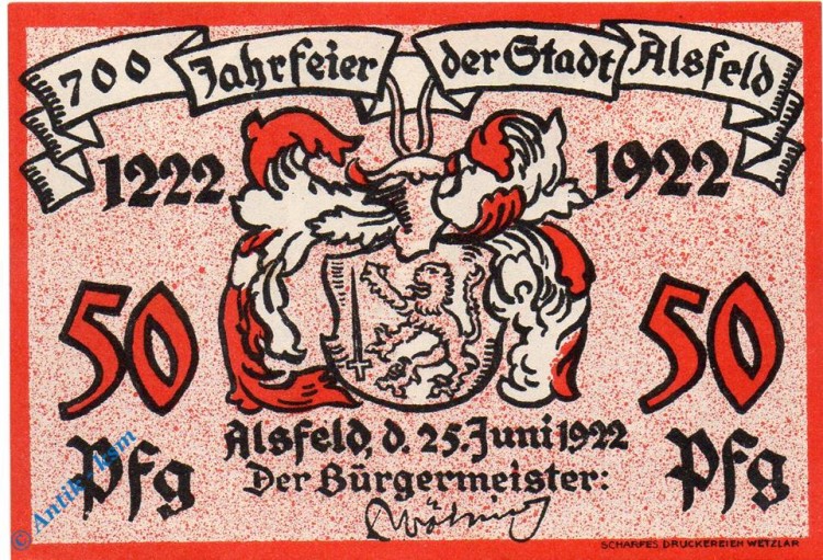 Notgeld Alsfeld , 50 Pfennig Schein , Mehl Grabowski 16.1 , von 1922 , Hessen Seriennotgeld