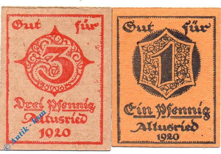 Notgeld Altusried , Satz mit 2 Scheinen , Tieste 0090.05.50 und 51, von 1920 , Bayern Verkehrsausgabe