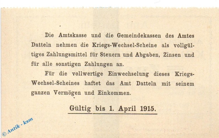 Notgeld Amt Datteln , 2 Mark Schein in kfr. Dießner 74.3.d , 13.08.1914 , Westfalen Notgeld 1914 1915