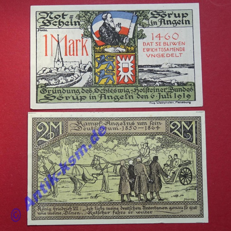 Notgeld Amtsbezirk Sörup , Schleswig Holstein , vollständiger Satz mit 2 Scheinen in kassenfrischer Erhaltung , Seriennotgeld , 1231.2