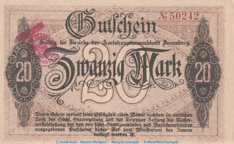 Notgeld Amtshauptmannschaft Annaberg , 20 Mark Schein in kfr.E , Geiger 017.02-03 von 1918 , Sachsen Grossnotgeld