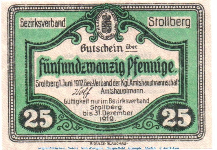 Notgeld Amtshauptmannschaft Stollberg 1705.05.05 , 25 Pfennig Schein in kfr. von 1917 , Sachsen Verkehrsausgabe