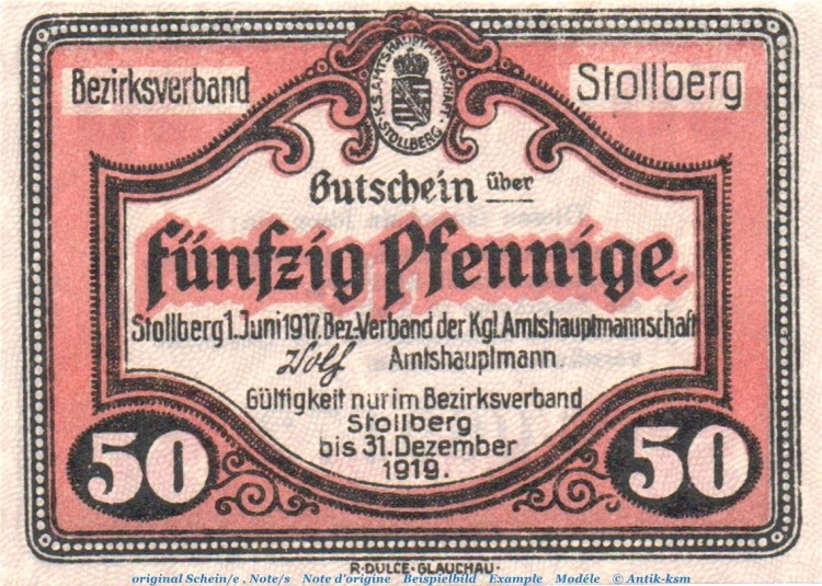 Notgeld Amtshauptmannschaft Stollberg 1705.05.06 , 50 Pfennig Schein in kfr. von 1917 , Sachsen Verkehrsausgabe