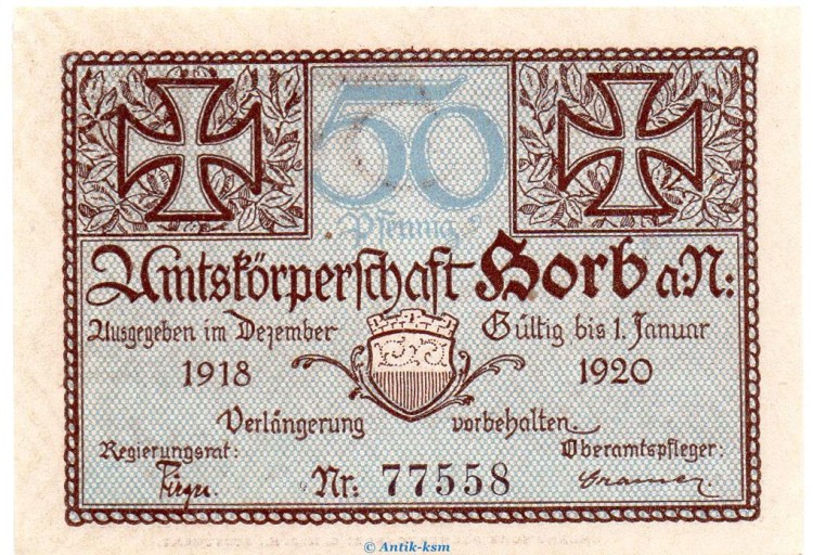 Notgeld Amtskörperschaft Horb 3140.05.01 , 50 Pfennig Schein in kfr. von 1918 , Württemberg Verkehrsausgabe