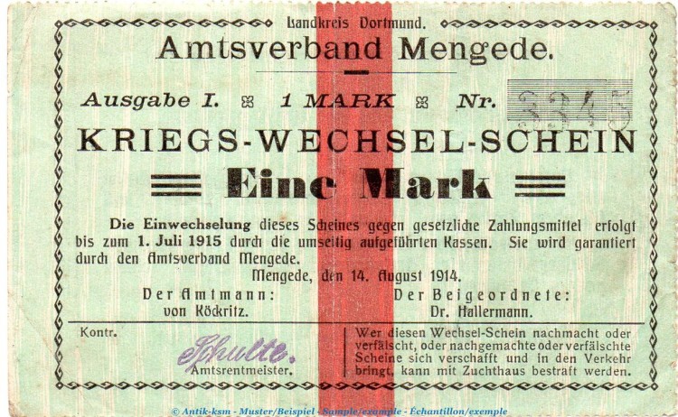 Notgeld Amtsverband Mengede , 1 Mark Schein in gbr. Dießner 228II.1.b von 1914 , Westfalen Notgeld 1914-15
