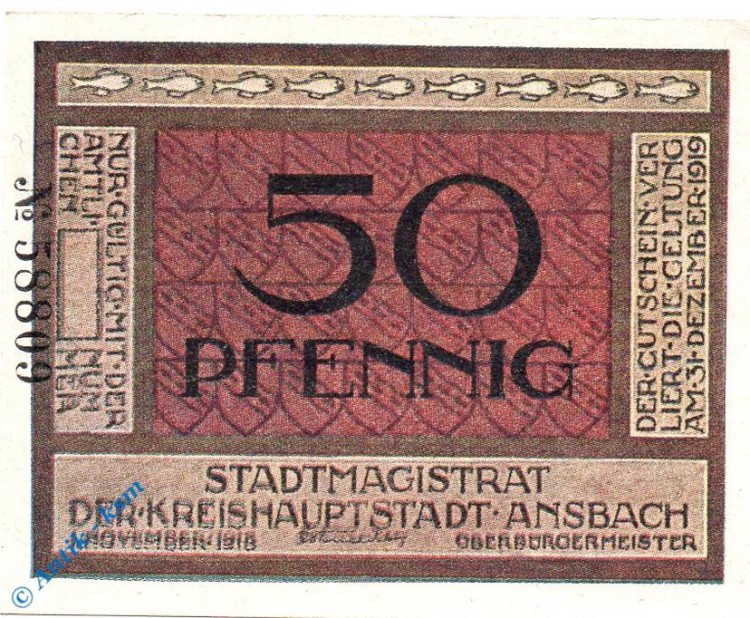 Notgeld Ansbach , 50 Pfennig Schein , mit Rand , Tieste 0160.15.26 , von 1918 , Bayern Verkehrsausgabe