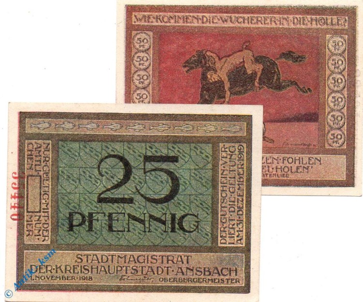 Notgeld Ansbach , Set mit 2 Scheinen mit Rand , Tieste 0160.15.25 und 26 , von 1918 , Bayern Verkehrsausgabe