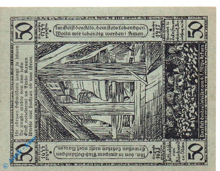 Notgeld Artern Bergwart , 50 Pfennig Schein Papier grün , Mehl Grabowski 45.7 , von 1921 , Thüringen Seriennotgeld