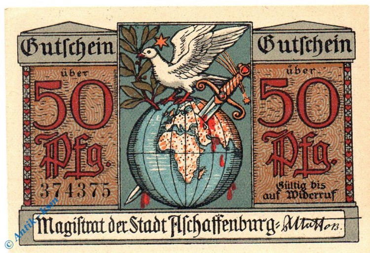 Notgeld Aschaffenburg , 50 Pfennig Taube , o. Wz , Tieste 0220.10.35 , Bayern Verkehrsausgabe