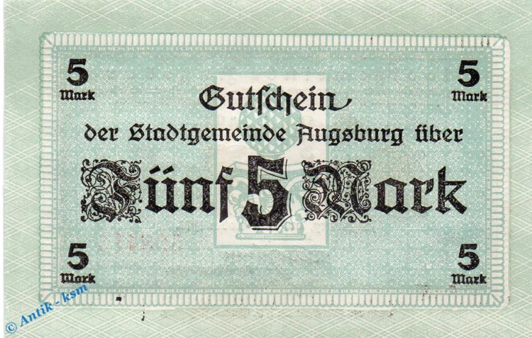 Notgeld Augsburg , 5 Mark Schein in kfr. E , Geiger 025.04 , 15.10.1918 , Bayern Großnotgeld 