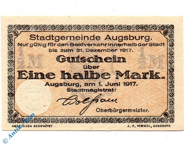 Notgeld Augsburg , Eine halbe Mark Musterschein ohne Kennummer , Tieste 0260.130.35.M , von 1917 , Bayern Verkehrsausgabe