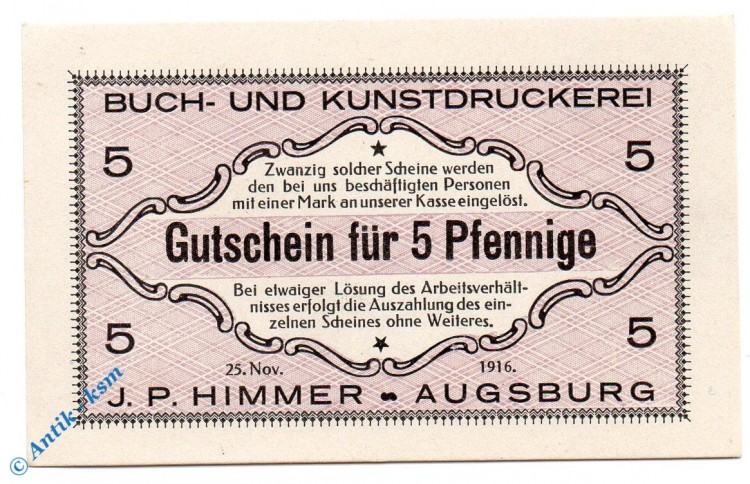 Notgeld Augsburg , J.P. Himmer , 5 Pfennig Schein , Tieste 0260.35.40 , von 1916 , Bayern Verkehrsausgabe