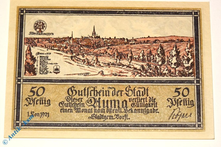 Notgeld Auma , 50 Pfennig Schein Nr 1 , Büttenpapier , Mehl Grabowski 55.3 , von 1921 , Thüringen Serien Notgeld