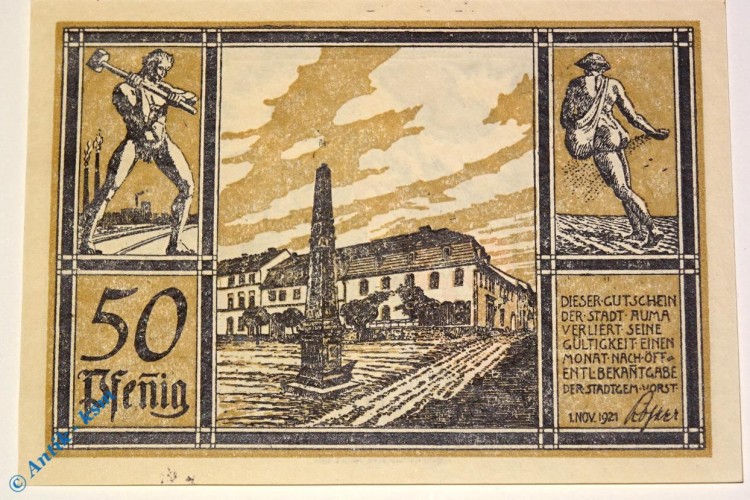 Notgeld Auma , 50 Pfennig Schein Nr 2 , Büttenpapier , Mehl Grabowski 55.3 , von 1921 , Thüringen Serien Notgeld