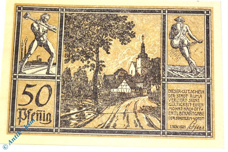 Notgeld Auma , 50 Pfennig Schein Nr 4 , Büttenpapier , Mehl Grabowski 55.3 , von 1921 , Thüringen Serien Notgeld