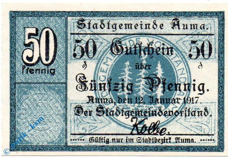 Notgeld Auma , 50 Pfennig Schein , Tieste 0265.05.02 , von 1917 , Sachsen Verkehrsausgabe