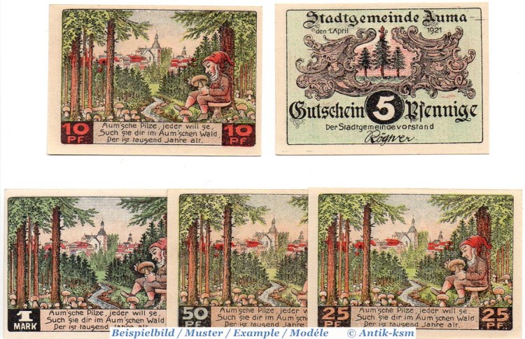 Notgeld Auma , Set mit 5 Scheinen in kfr. Mehl Grabowski 55.1 , von 1921 , Thüringen Seriennotgeld