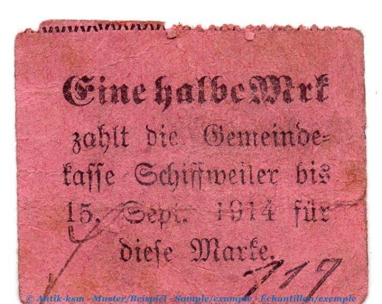 Notgeld Bürgermeisteramt Schiffweiler , 1 halbe Mark Schein in gbr , Dießner 354.1.b von 1914 , Rheinland Notgeld 1914-15