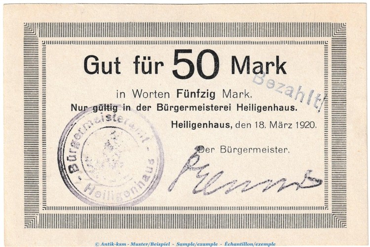 Notgeld Bürgermeisterei Heiligenhaus , 50 Mark Schein in kfr.E , Geiger 229.04 von 1920 , Rheinland Grossnotgeld