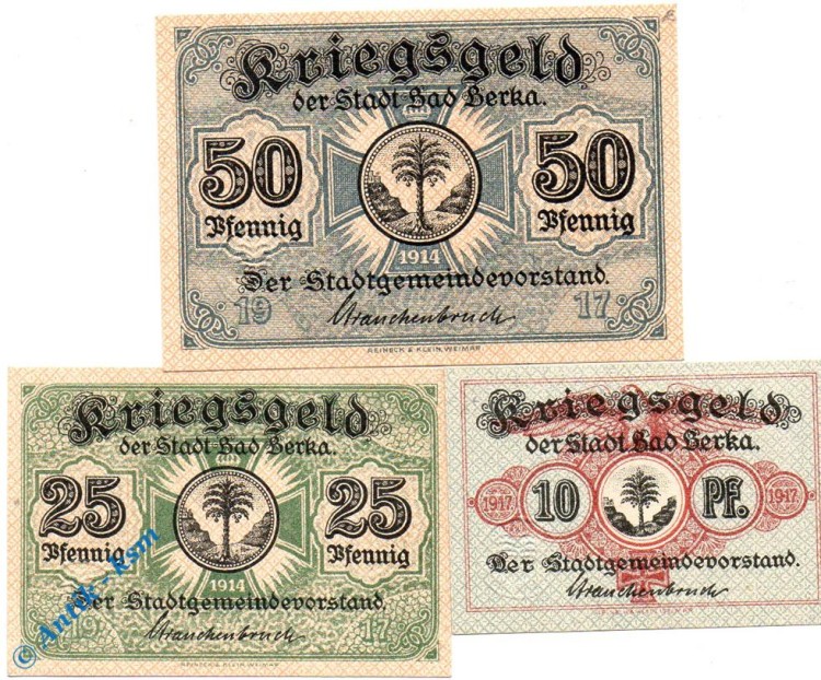 Notgeld Bad Berka , Set mit 3 Scheinen , Tieste 0455.05.10 bis 12 , 1917 , Sachsen Verkehrsausgabe