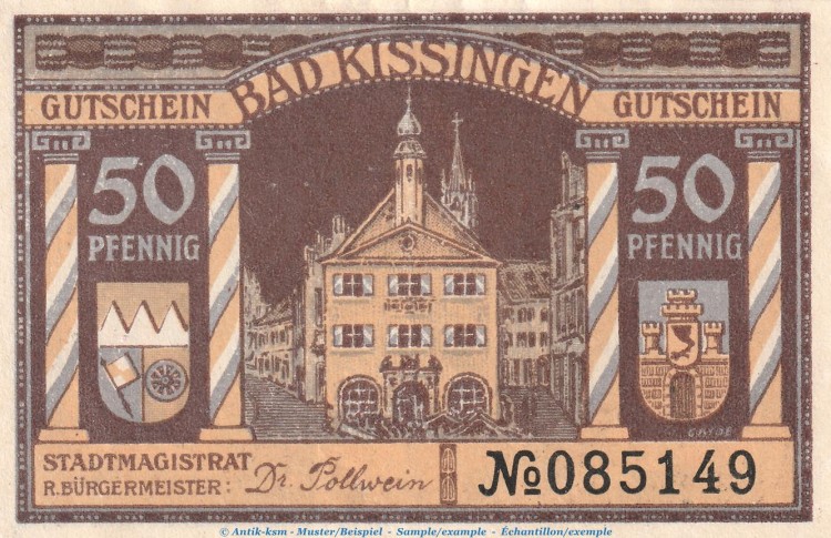 Notgeld Bad Kissingen , 50 Pfennig Schein in kfr. Tieste 3505.05.20 , von 1919 , Bayern Verkehrsausgabe