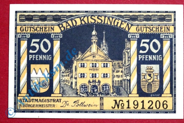 Notgeld Bad Kissingen , Schein über 50 Pfennig , Tieste 3505.30 , von 1920 , Bayern Verkehrsausgabe